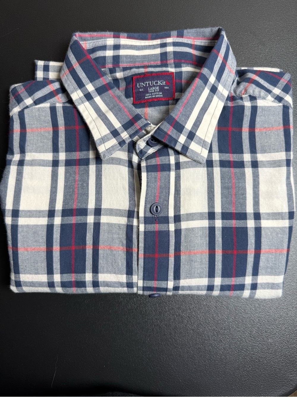 UNTUCKit Men's Navy, White & Red Plaid Long-Sleeve Button-up Shirt Sz L Slim Fit